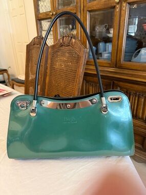 Beijo Teal Patent Leather Shoulder Bag with Silver Hardware